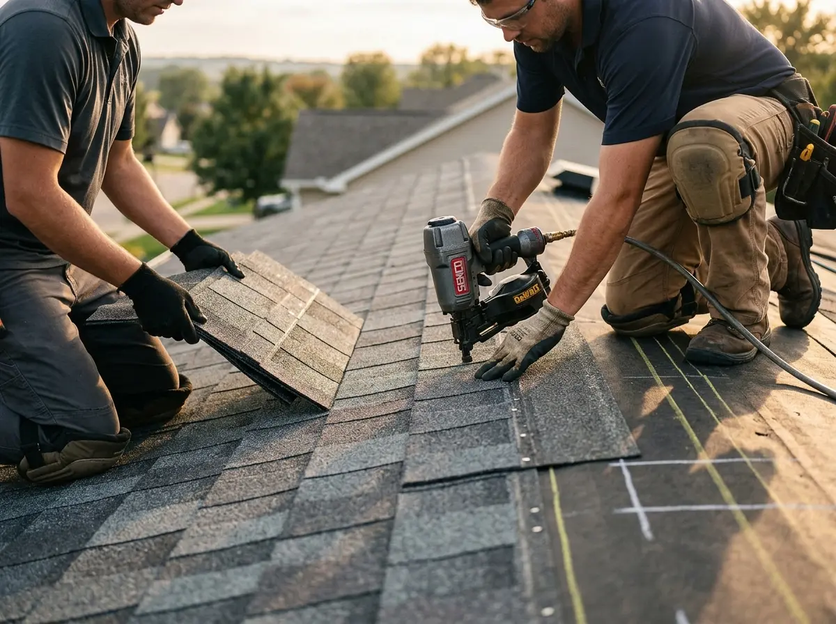 Professional roofer working on a residential roof in Wendell